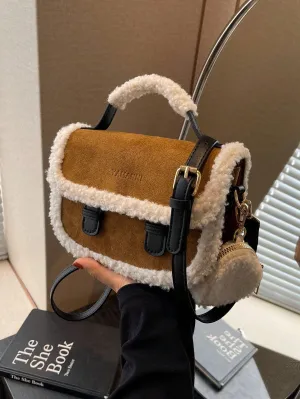 Retro Brown Suede Fluffy Trim Mini Tote Handbag- FD ⚡