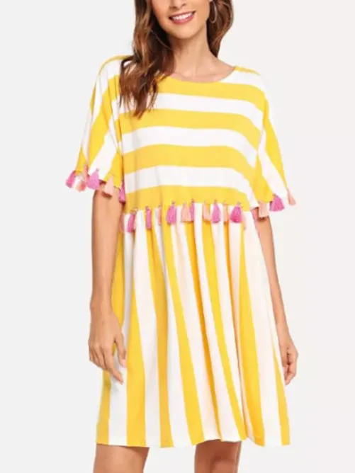Round Neck Short Sleeve Striped Fringe Dress