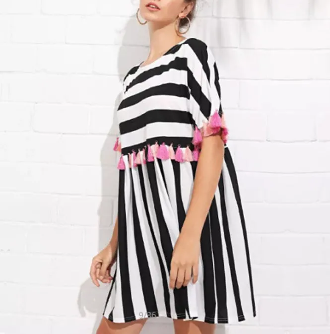 Round Neck Short Sleeve Striped Fringe Dress