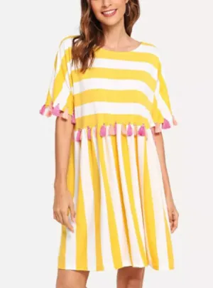 Round Neck Short Sleeve Striped Fringe Dress