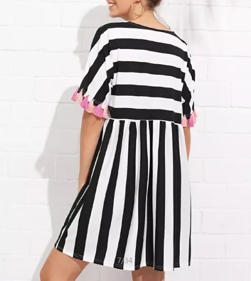 Round Neck Short Sleeve Striped Fringe Dress