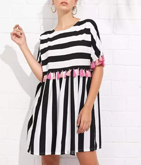Round Neck Short Sleeve Striped Fringe Dress