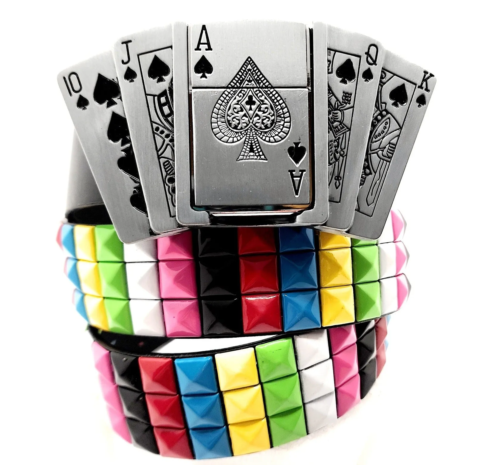 Royal Flush Lighter Belt Buckle and Black Pyramid Studded Leather Belt