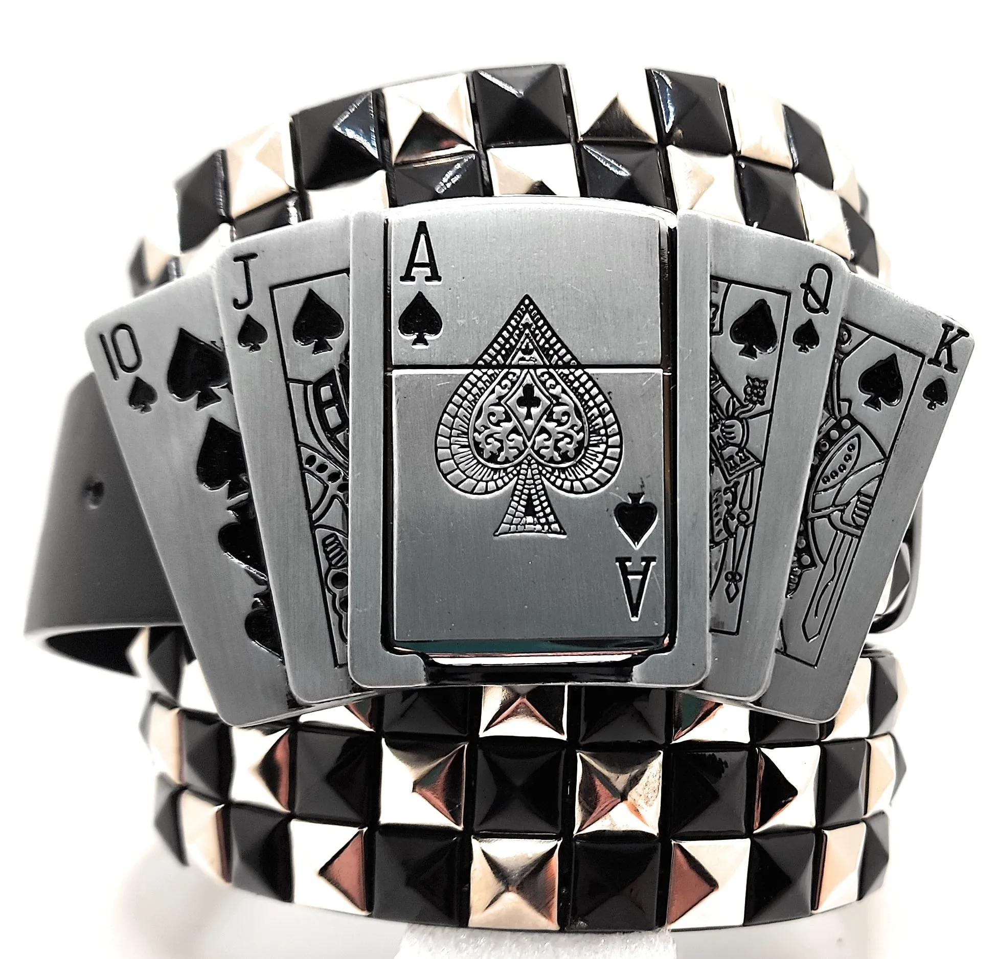 Royal Flush Lighter Belt Buckle and Black Pyramid Studded Leather Belt