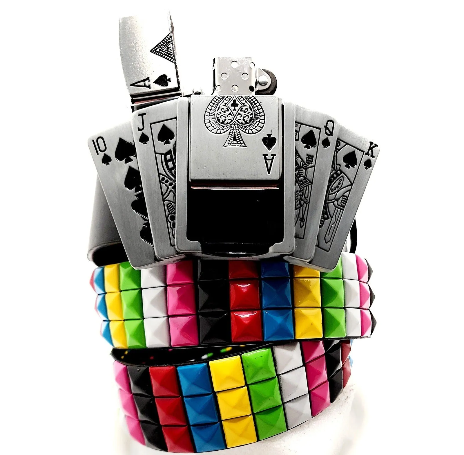 Royal Flush Lighter Belt Buckle and Black Pyramid Studded Leather Belt