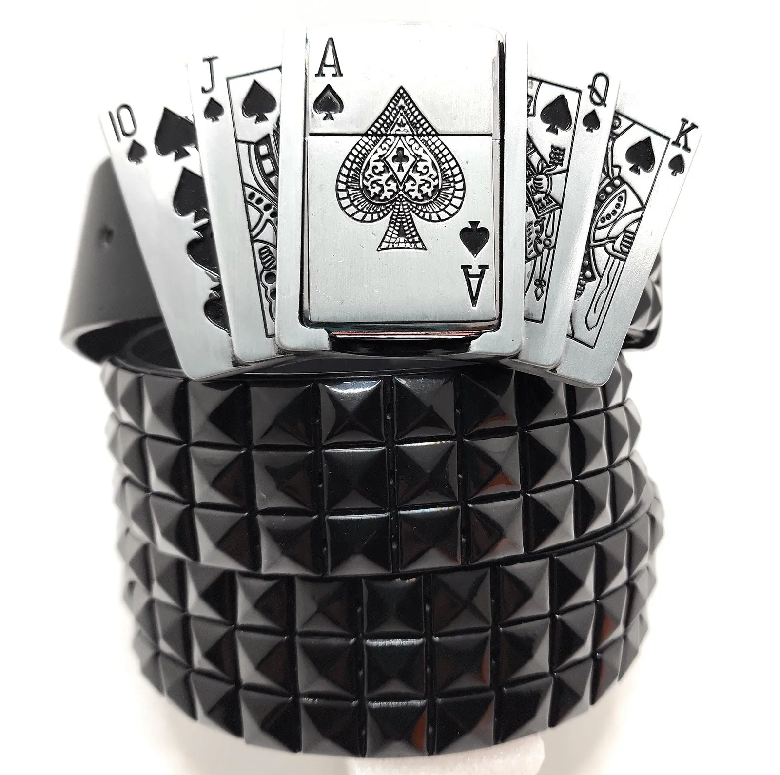 Royal Flush Lighter Belt Buckle and Black Pyramid Studded Leather Belt