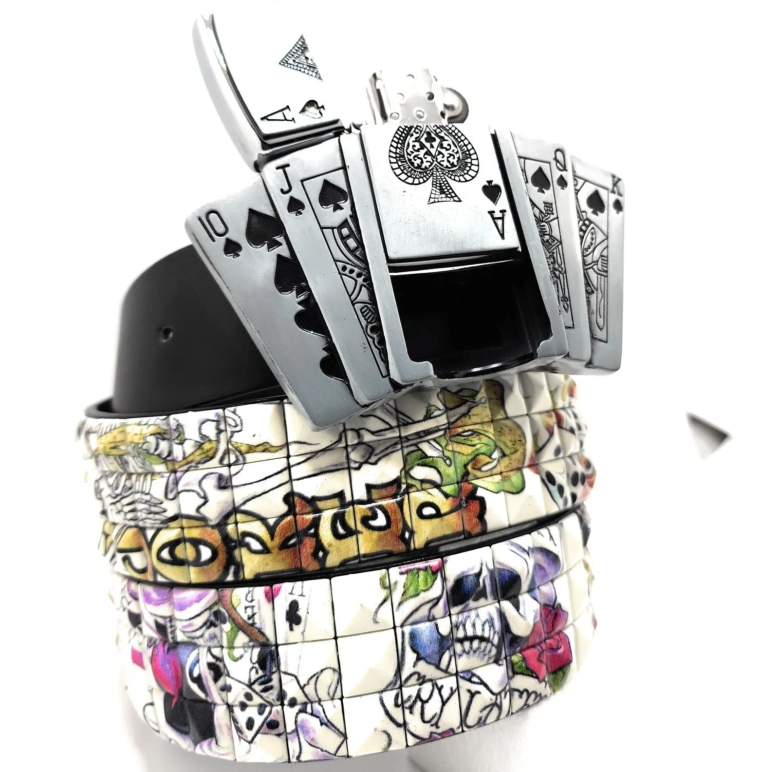 Royal Flush Lighter Belt Buckle and Black Pyramid Studded Leather Belt