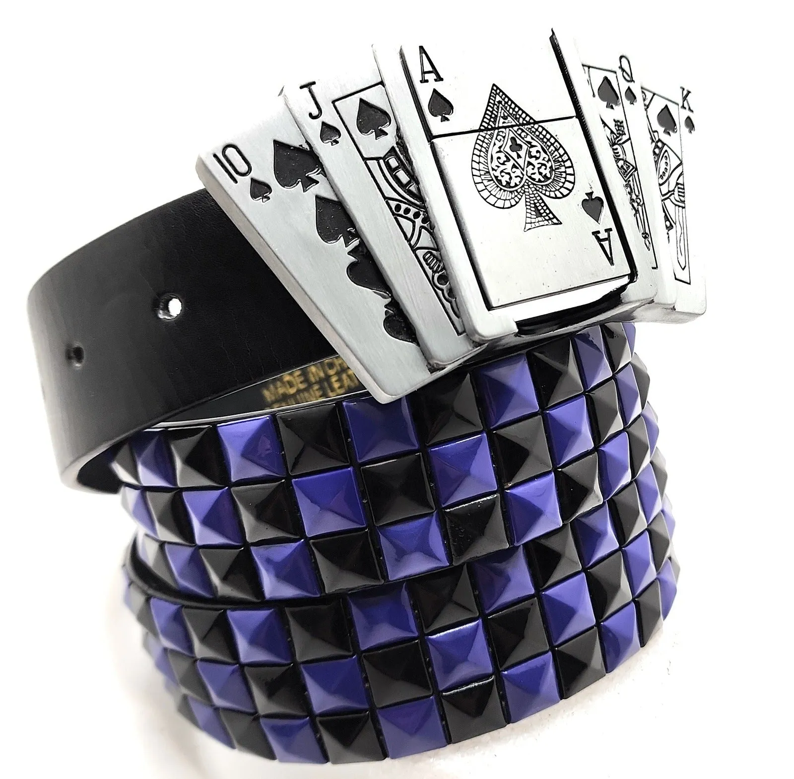 Royal Flush Lighter Belt Buckle and Black Pyramid Studded Leather Belt