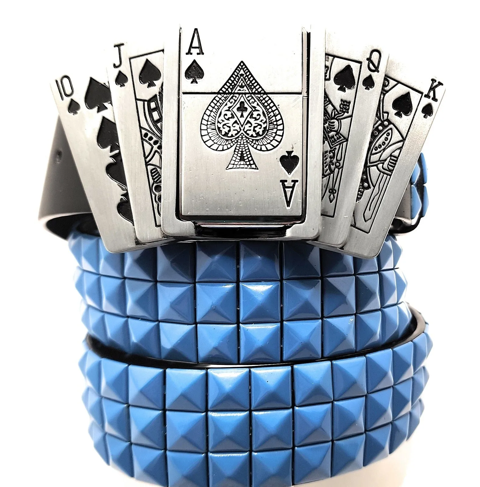 Royal Flush Lighter Belt Buckle and Black Pyramid Studded Leather Belt