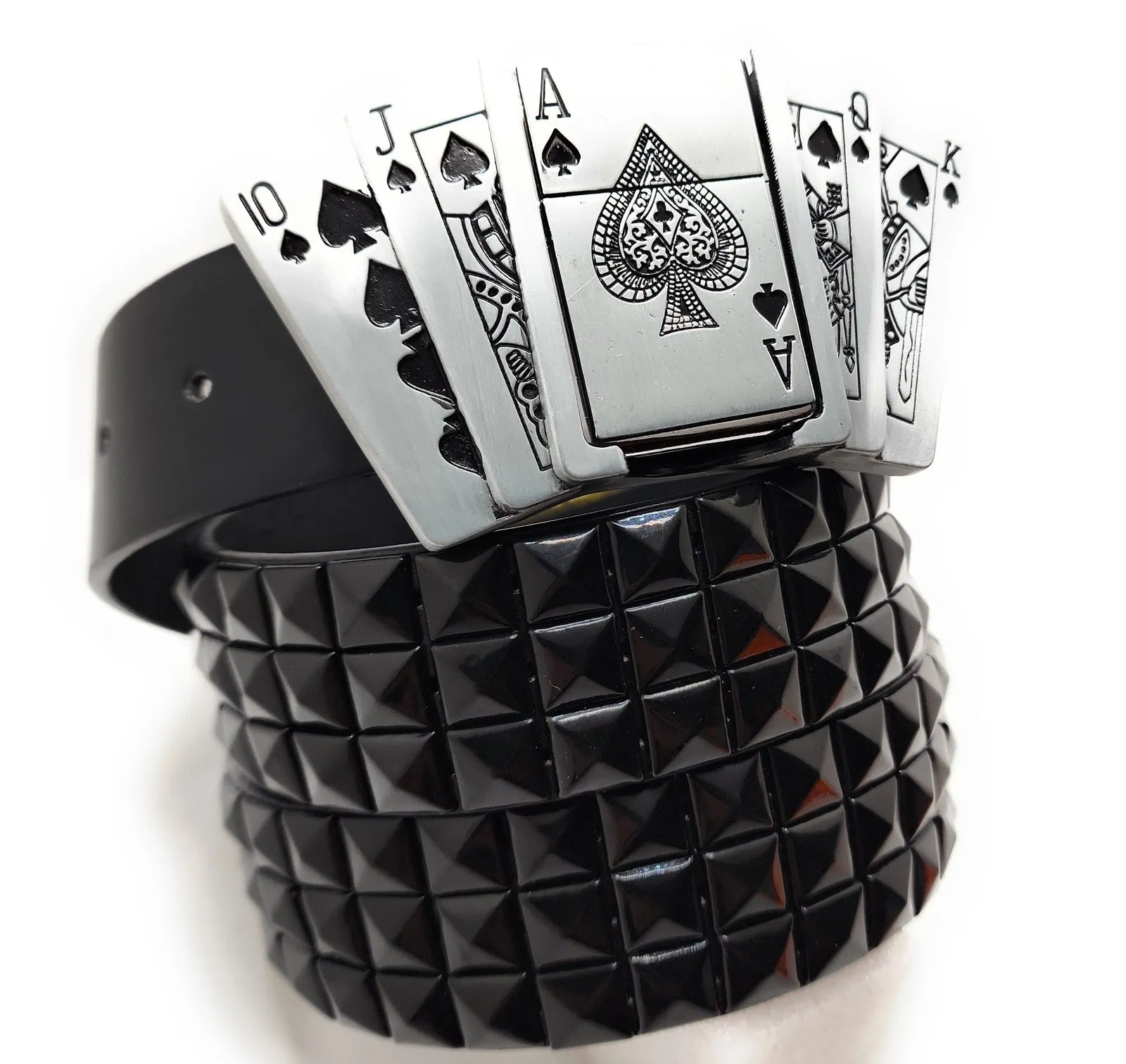 Royal Flush Lighter Belt Buckle and Black Pyramid Studded Leather Belt