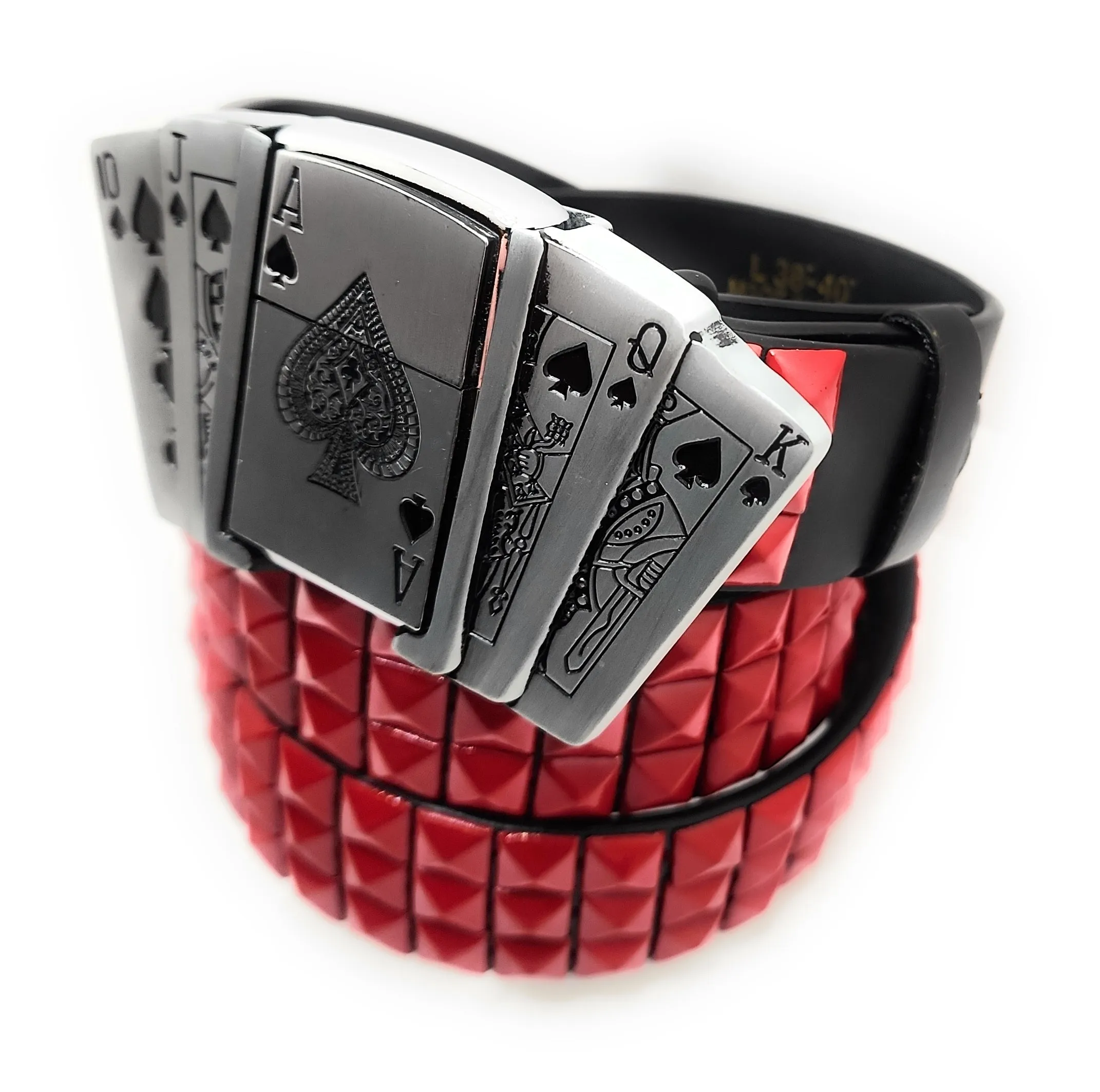 Royal Flush Lighter Belt Buckle and Black Pyramid Studded Leather Belt