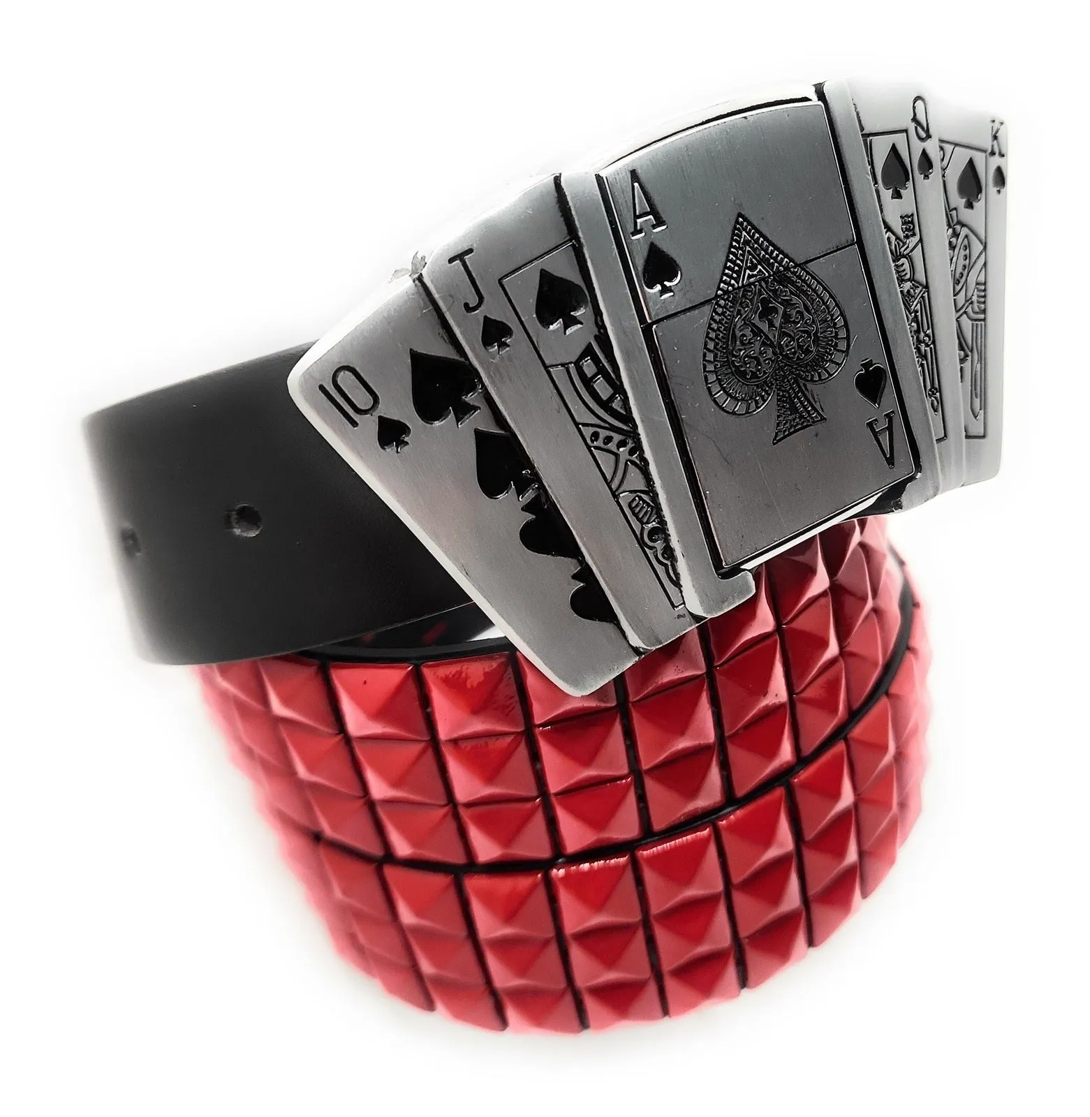 Royal Flush Lighter Belt Buckle and Black Pyramid Studded Leather Belt