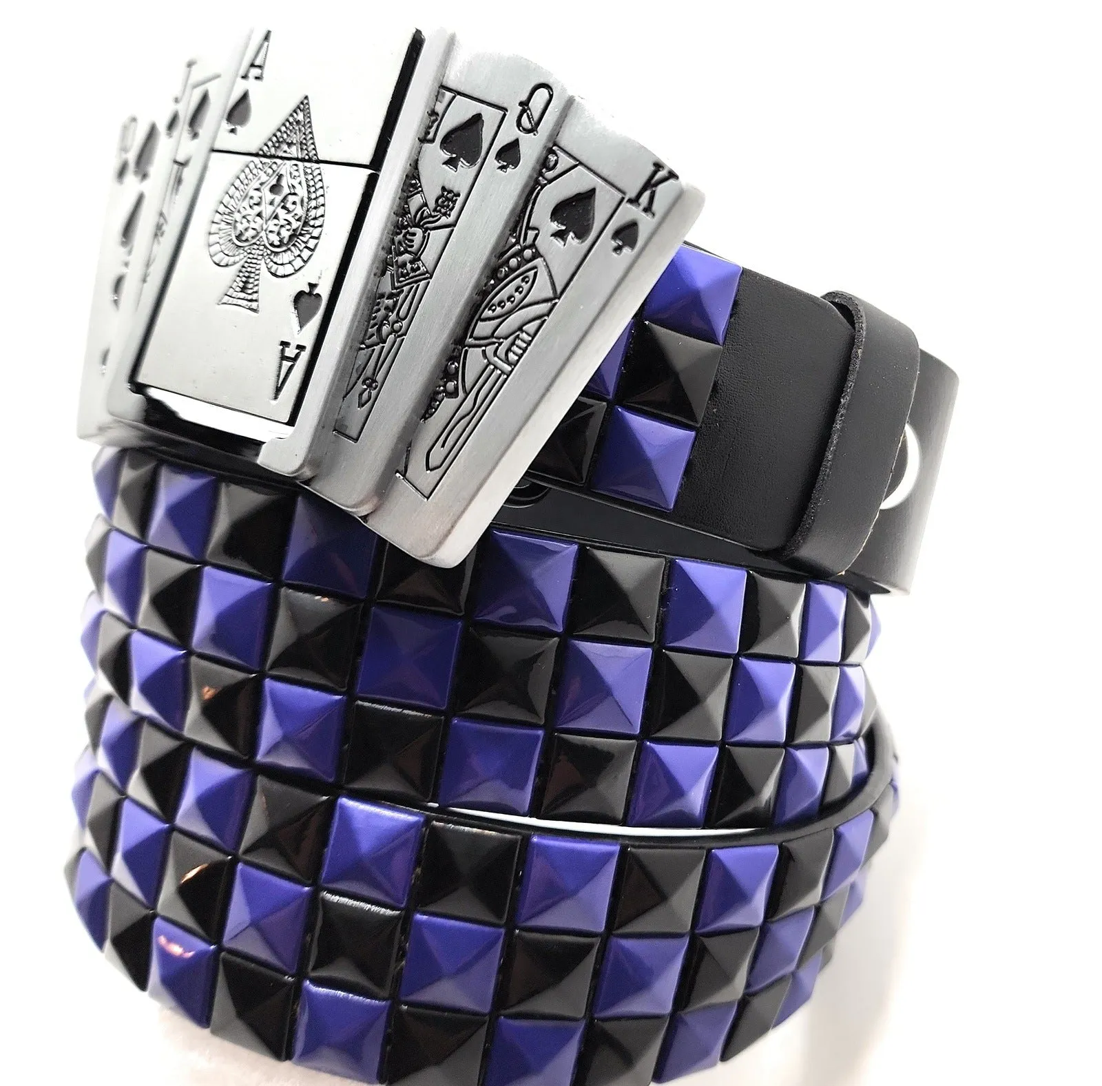 Royal Flush Lighter Belt Buckle and Black Pyramid Studded Leather Belt