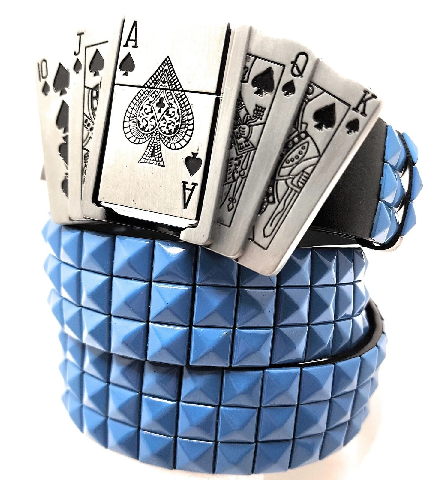 Royal Flush Lighter Belt Buckle and Black Pyramid Studded Leather Belt