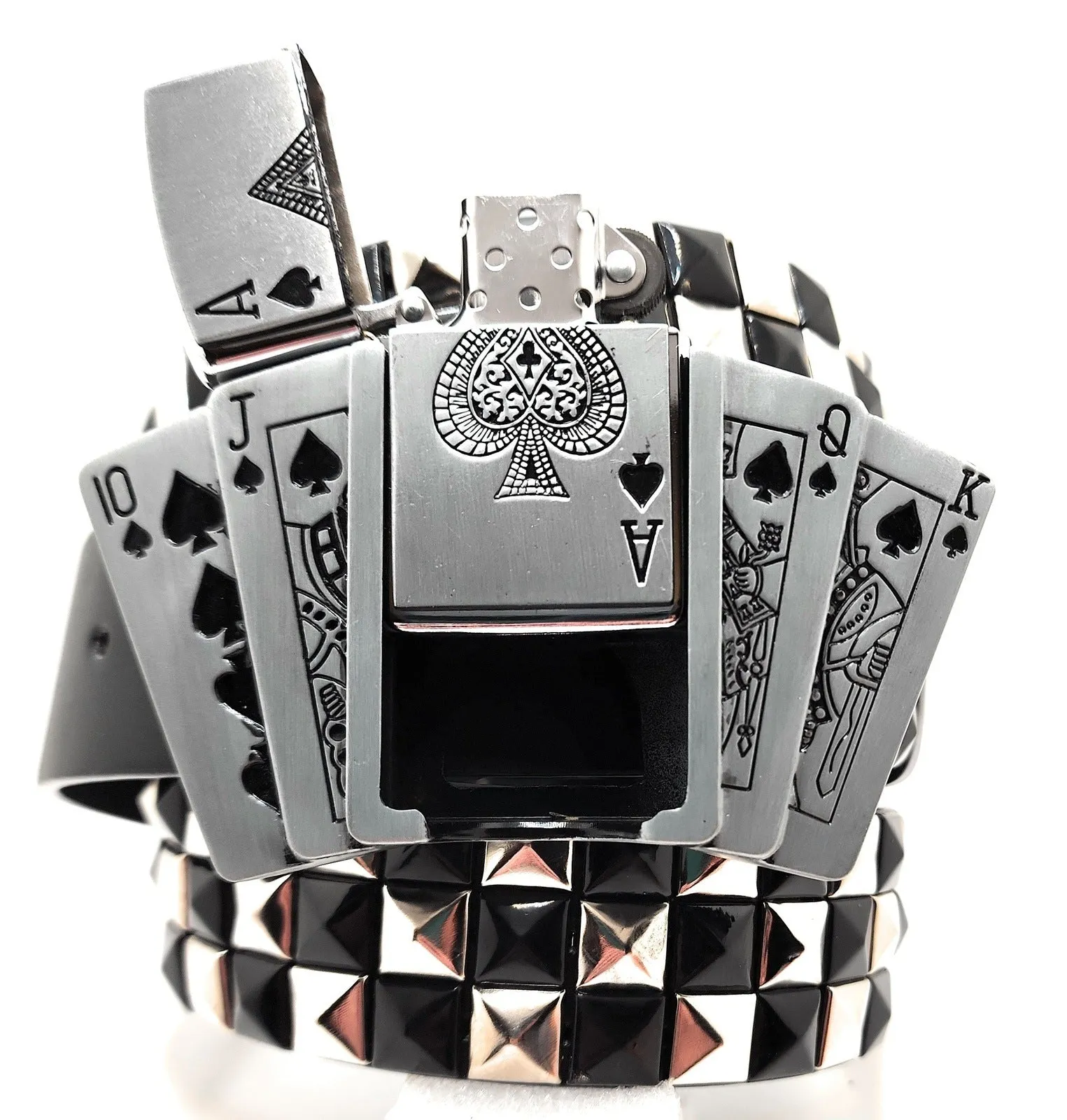 Royal Flush Lighter Belt Buckle and Black Pyramid Studded Leather Belt