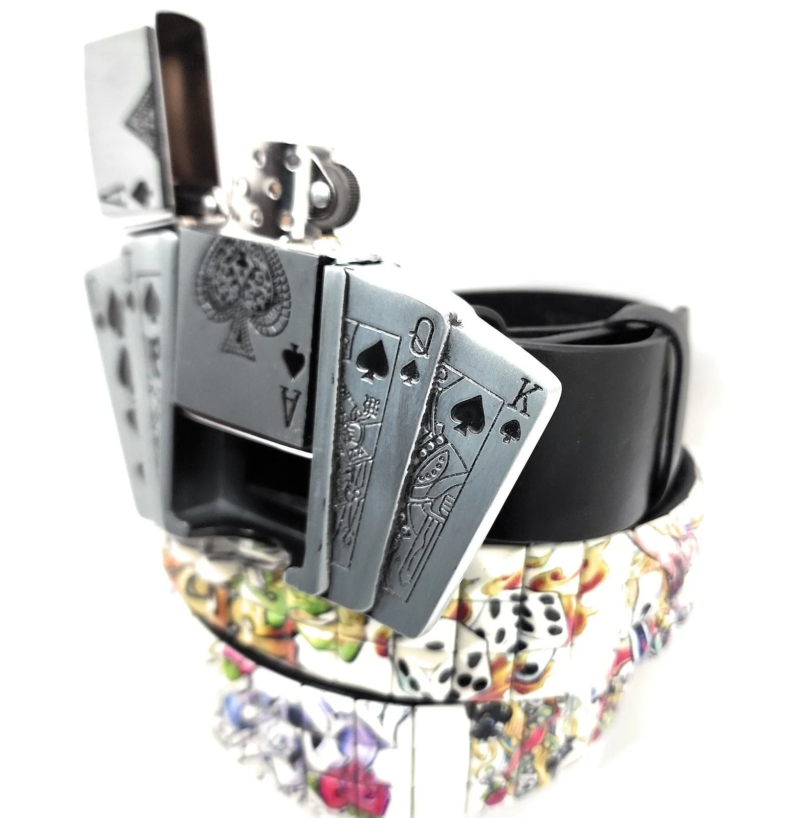 Royal Flush Lighter Belt Buckle and Black Pyramid Studded Leather Belt