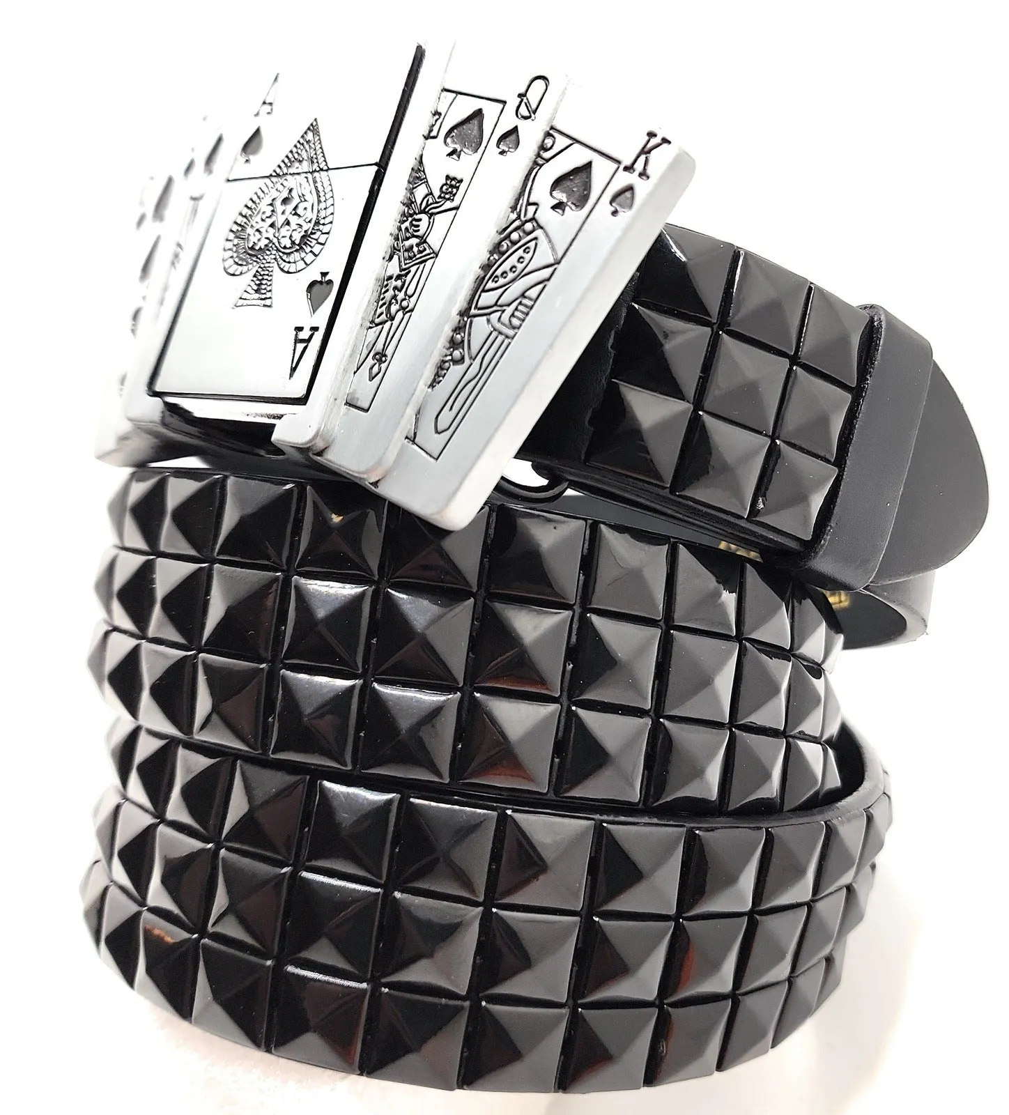 Royal Flush Lighter Belt Buckle and Black Pyramid Studded Leather Belt