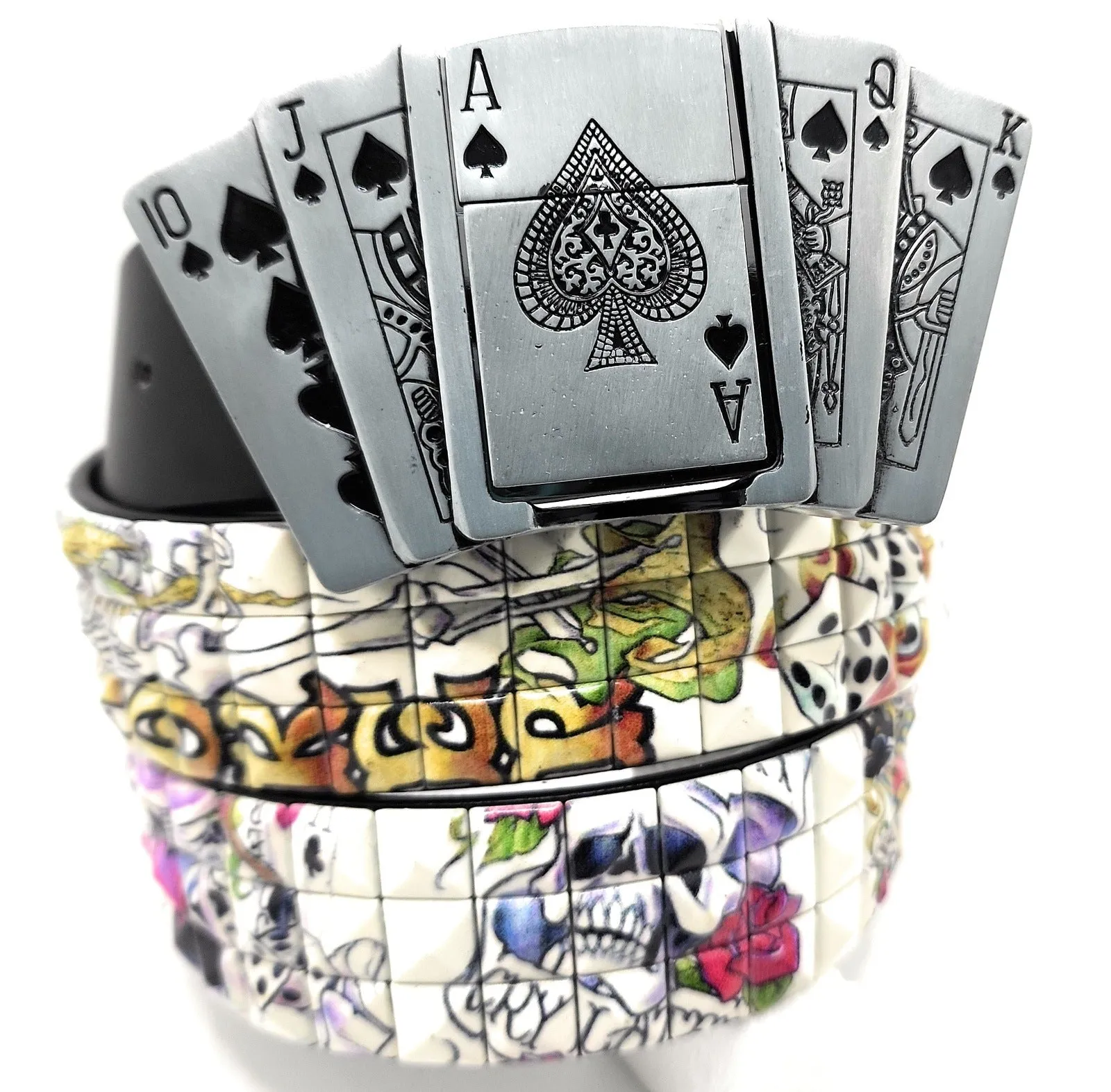 Royal Flush Lighter Belt Buckle and Black Pyramid Studded Leather Belt