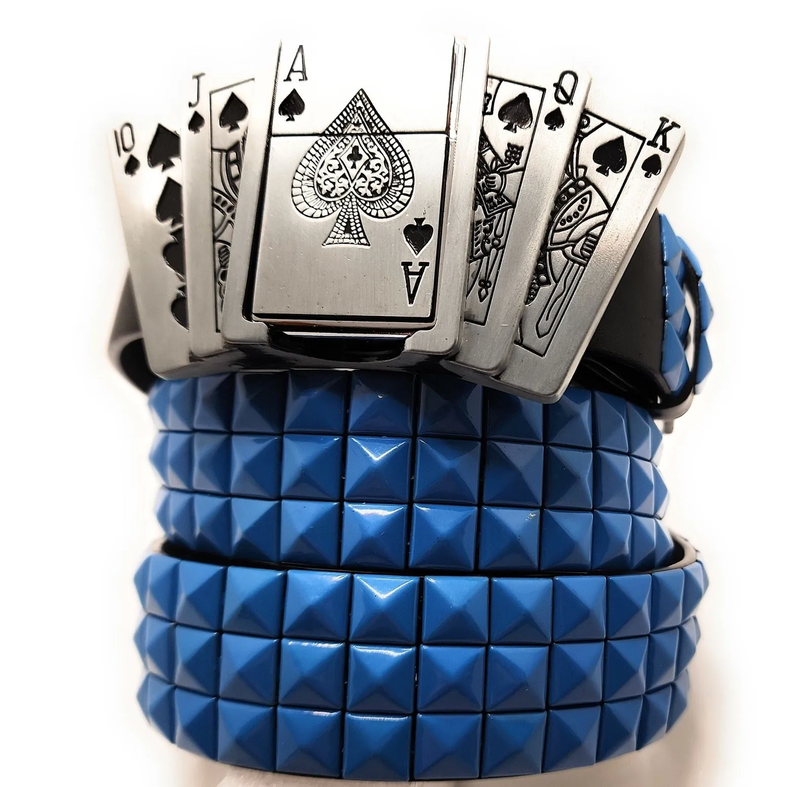Royal Flush Lighter Belt Buckle and Black Pyramid Studded Leather Belt