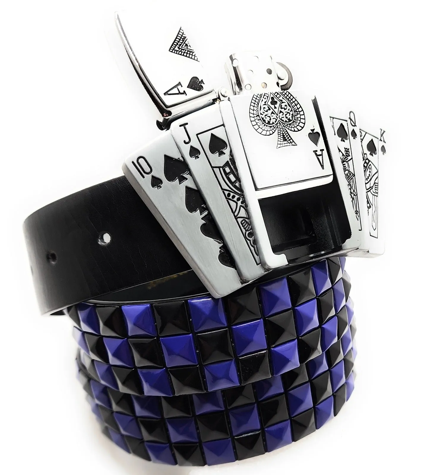 Royal Flush Lighter Belt Buckle and Black Pyramid Studded Leather Belt