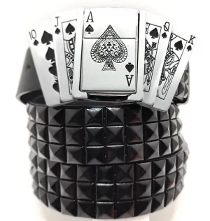 Royal Flush Lighter Belt Buckle and Black Pyramid Studded Leather Belt