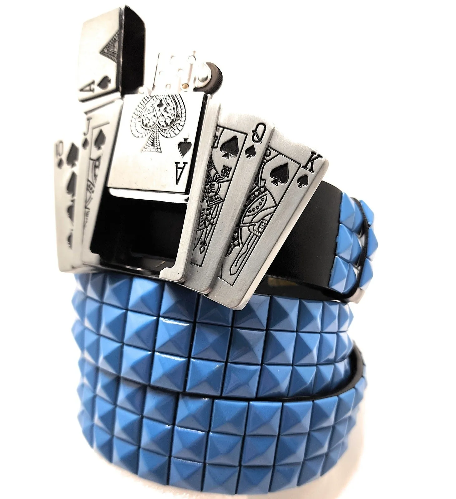 Royal Flush Lighter Belt Buckle and Black Pyramid Studded Leather Belt