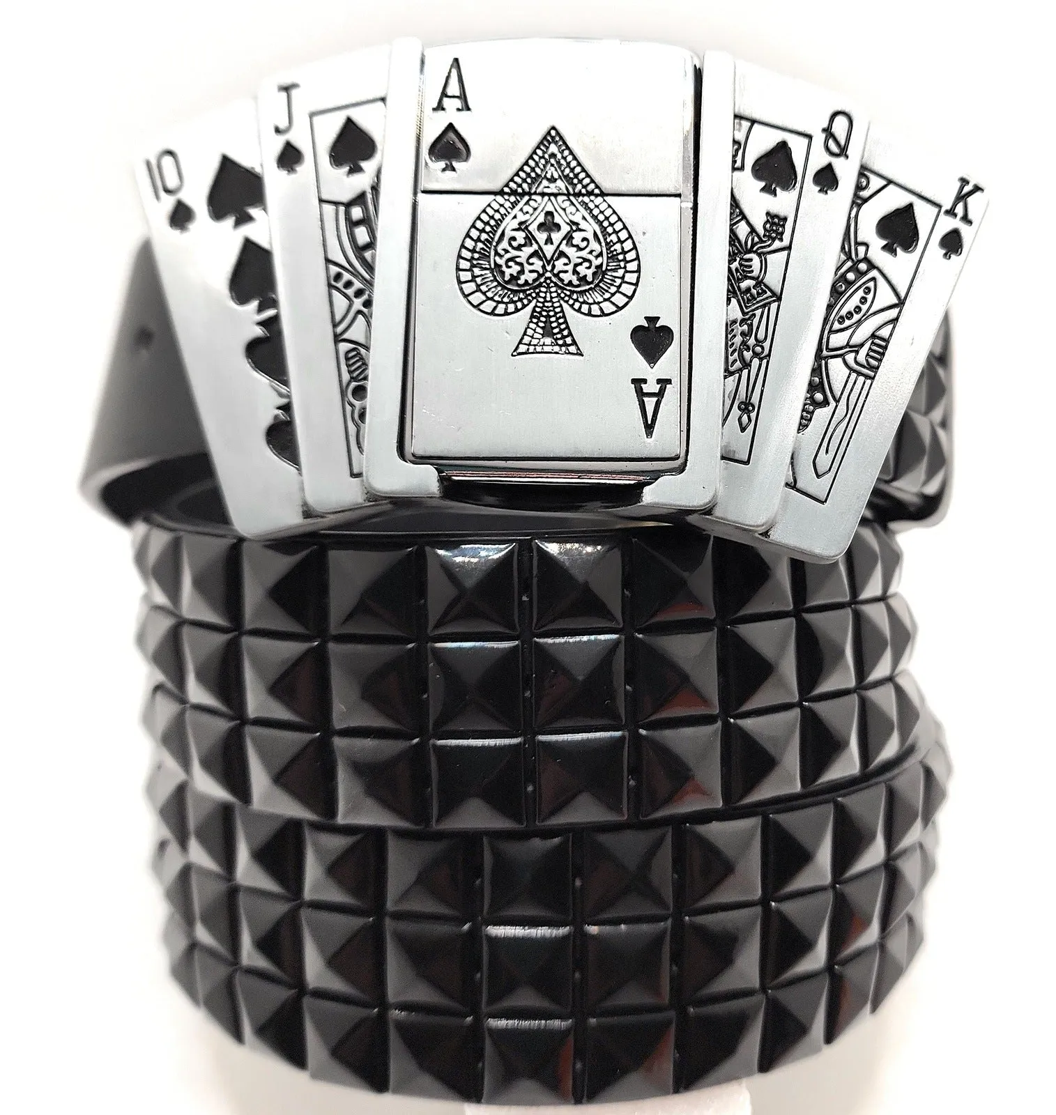 Royal Flush Lighter Belt Buckle and Black Pyramid Studded Leather Belt