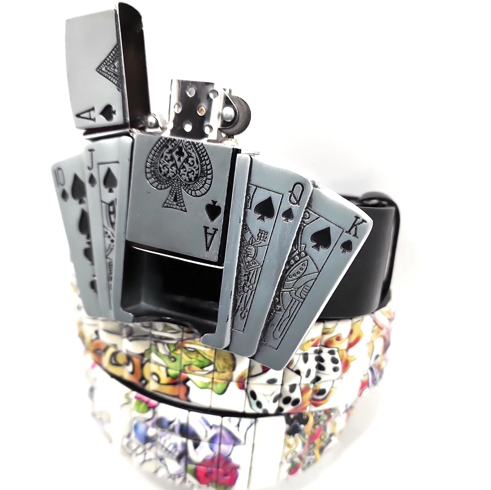 Royal Flush Lighter Belt Buckle and Black Pyramid Studded Leather Belt
