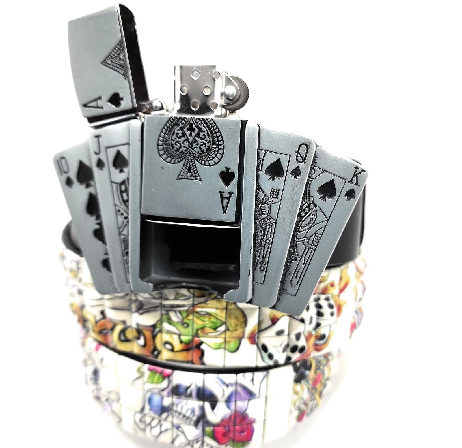 Royal Flush Lighter Belt Buckle and Black Pyramid Studded Leather Belt