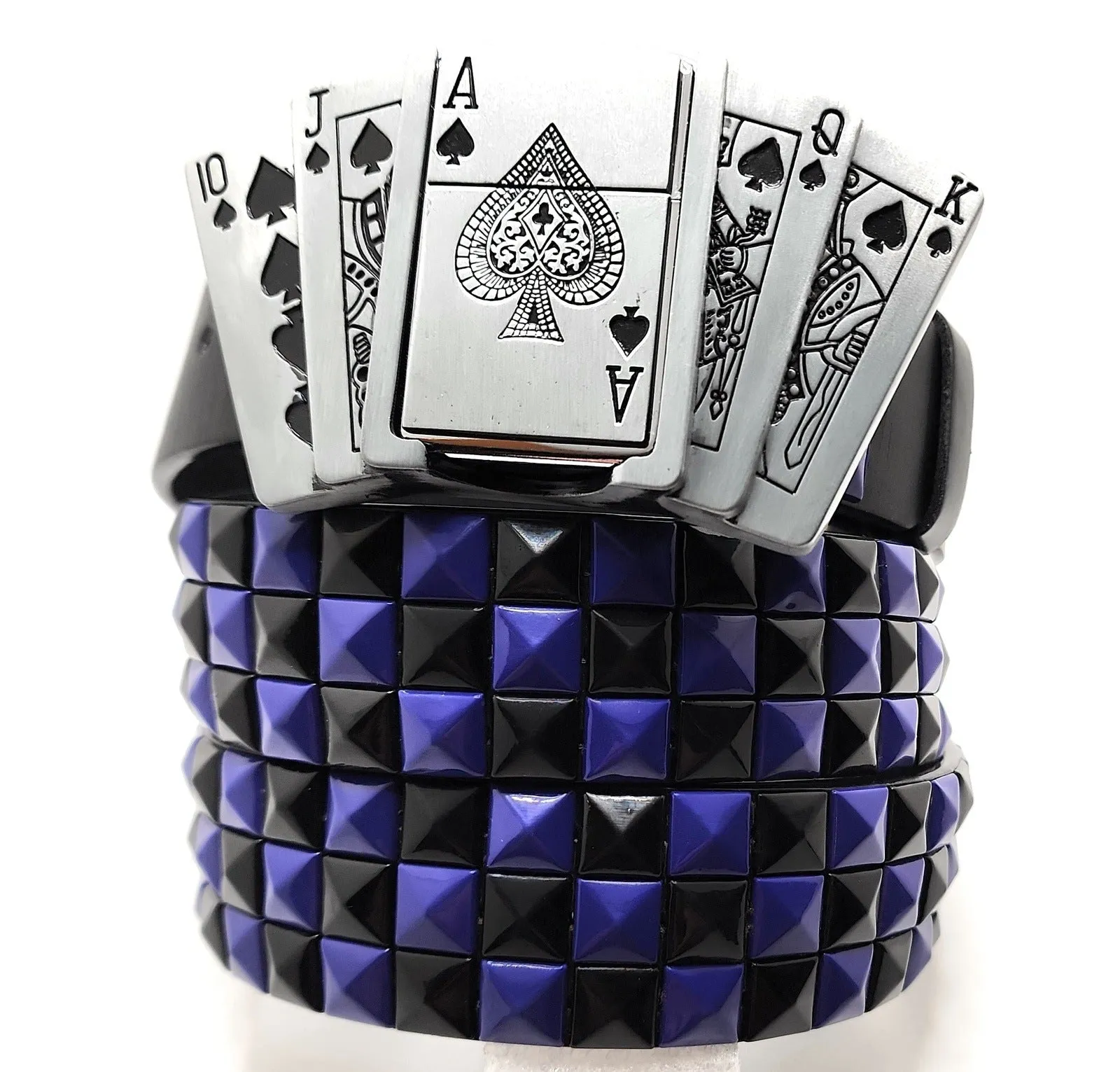 Royal Flush Lighter Belt Buckle and Black Pyramid Studded Leather Belt
