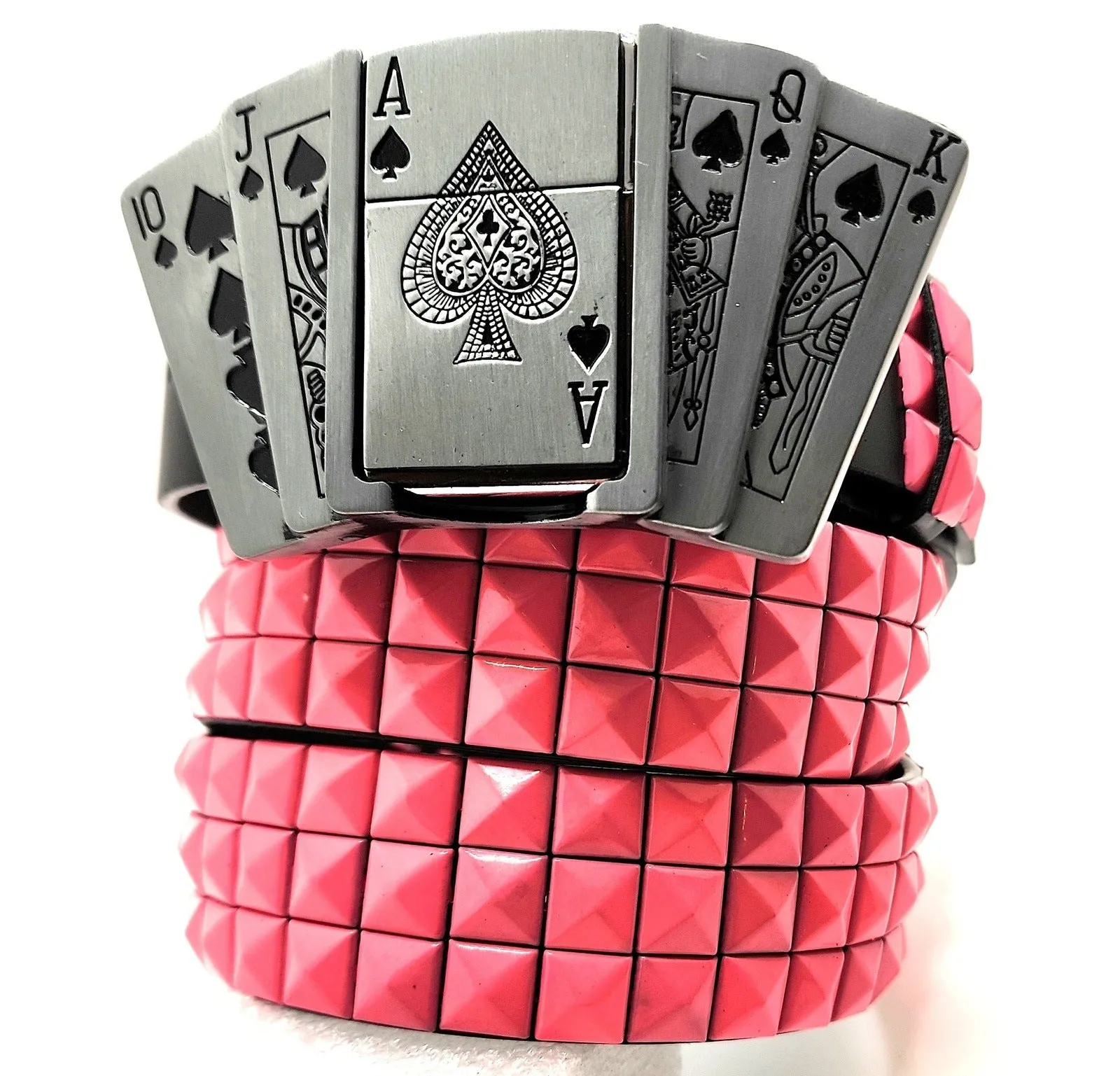 Royal Flush Lighter Belt Buckle and Black Pyramid Studded Leather Belt