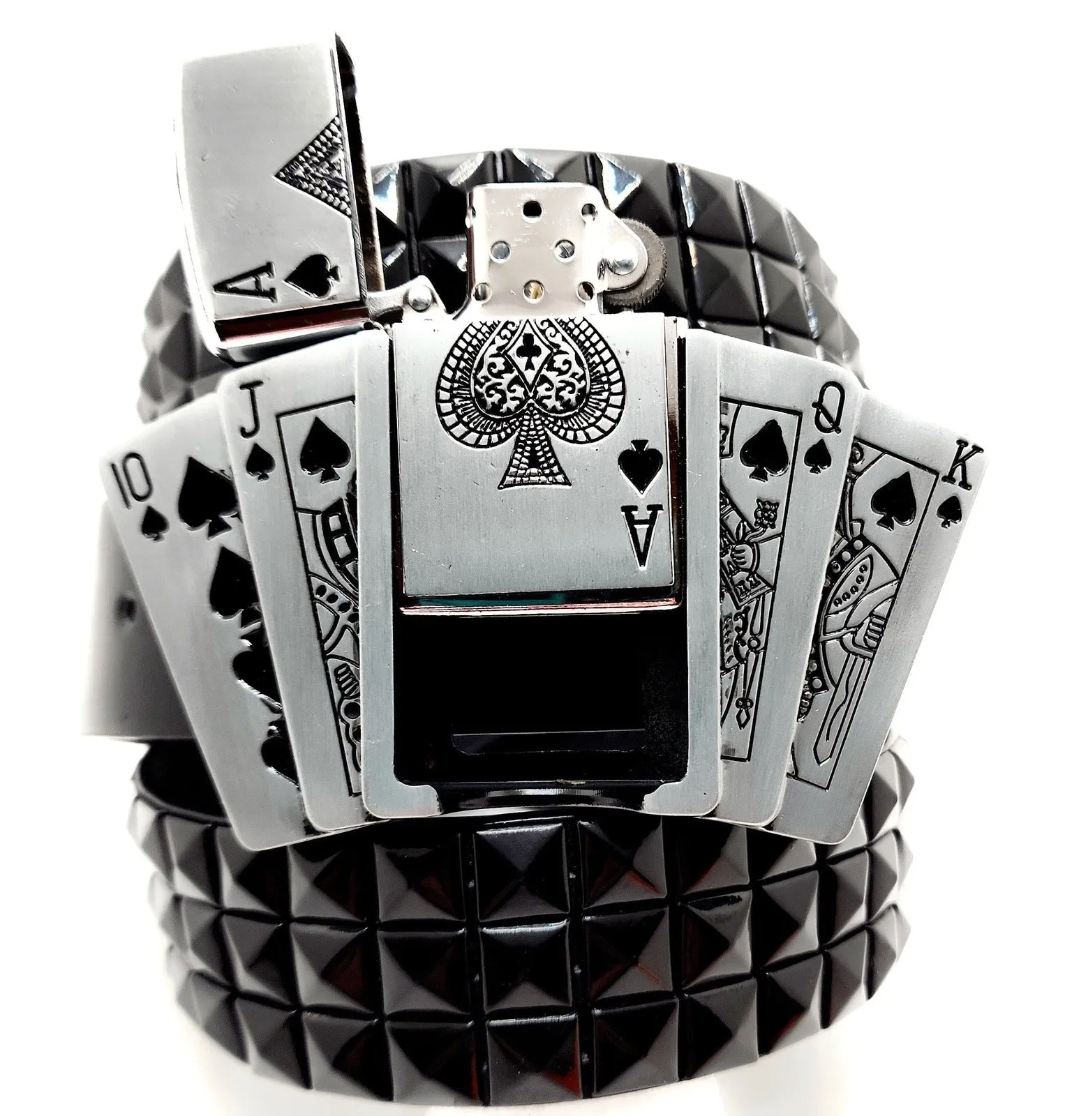 Royal Flush Lighter Belt Buckle and Black Pyramid Studded Leather Belt