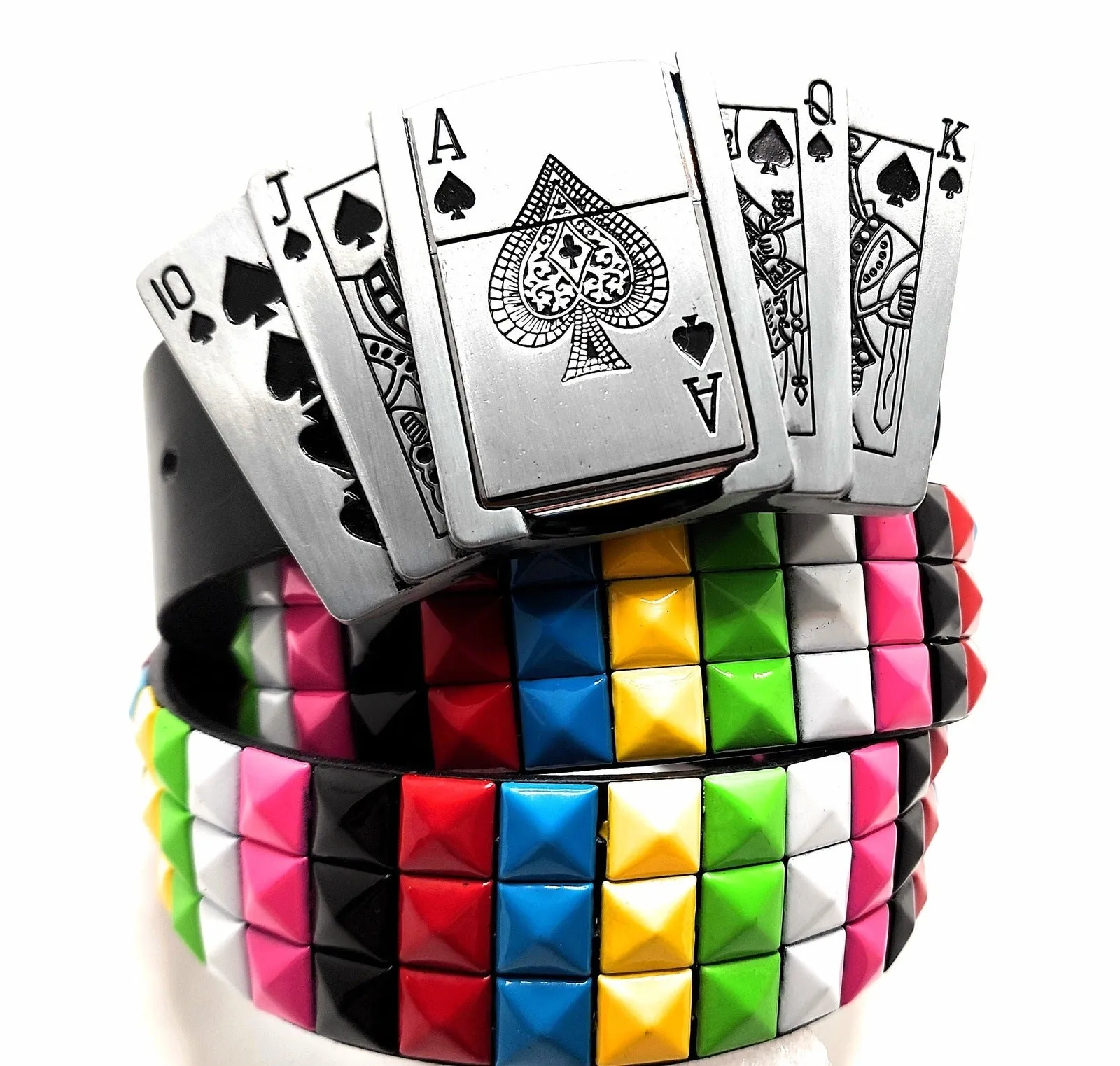Royal Flush Lighter Belt Buckle and Black Pyramid Studded Leather Belt