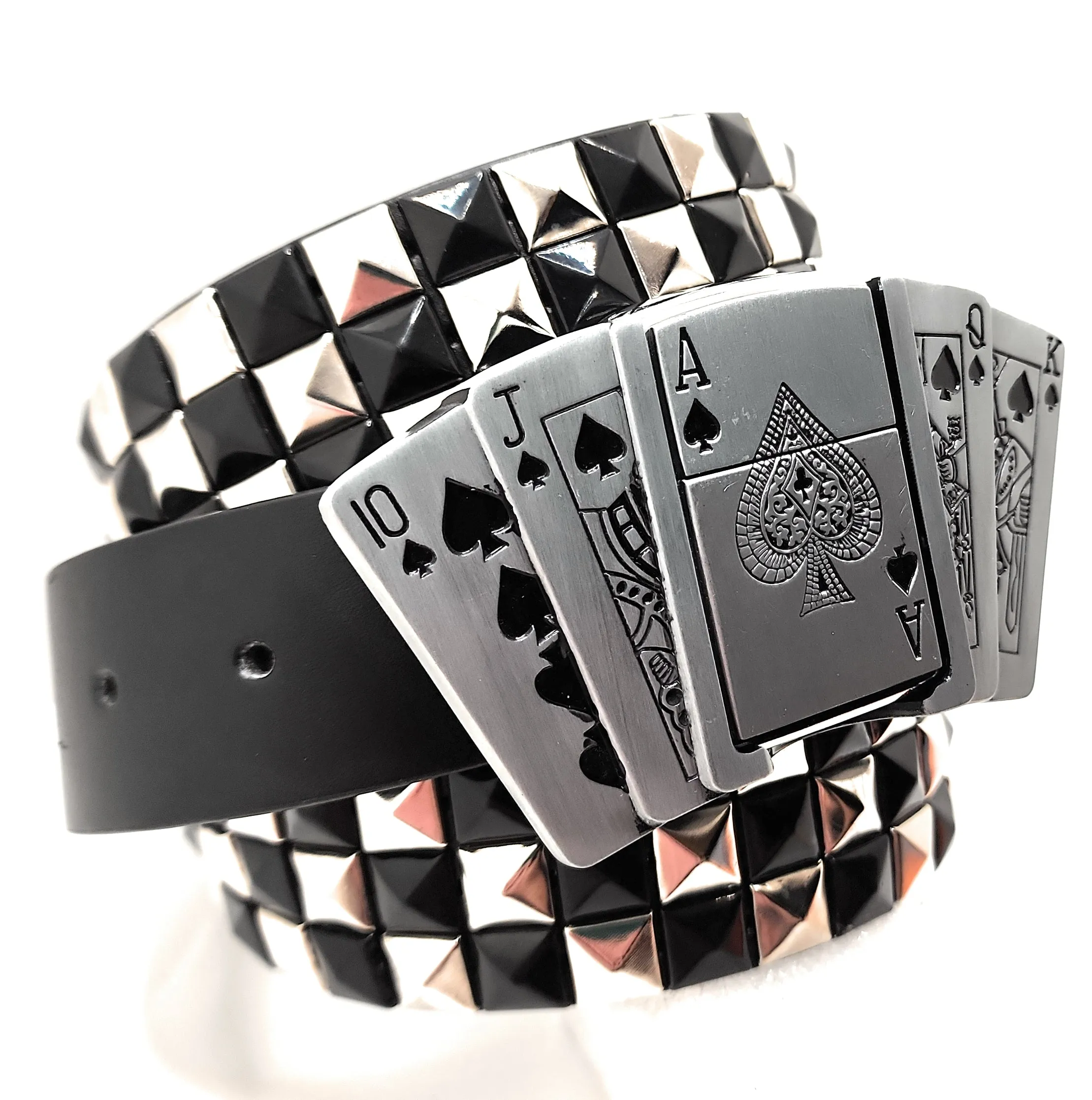 Royal Flush Lighter Belt Buckle and Black Pyramid Studded Leather Belt