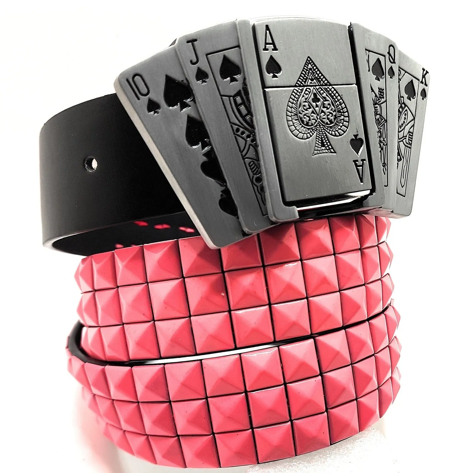 Royal Flush Lighter Belt Buckle and Black Pyramid Studded Leather Belt