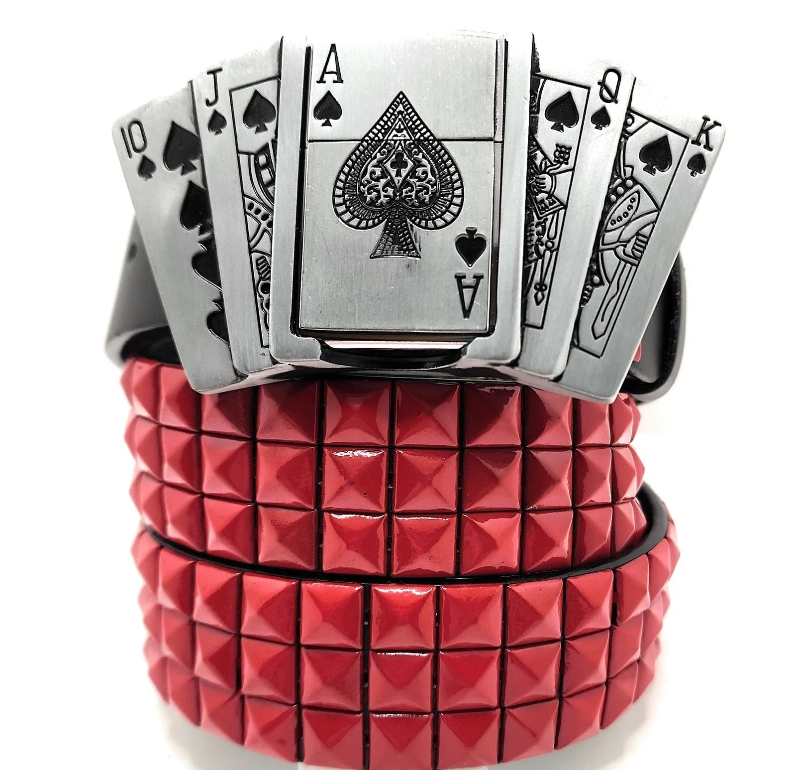 Royal Flush Lighter Belt Buckle and Black Pyramid Studded Leather Belt