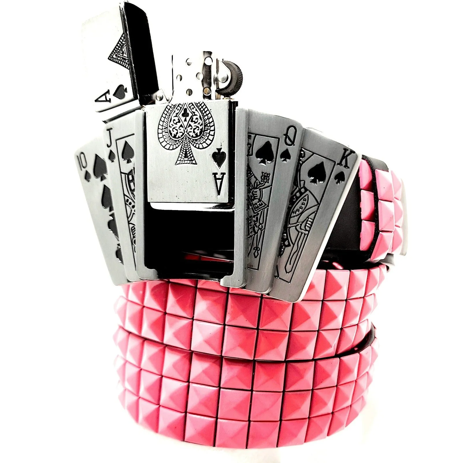 Royal Flush Lighter Belt Buckle and Black Pyramid Studded Leather Belt