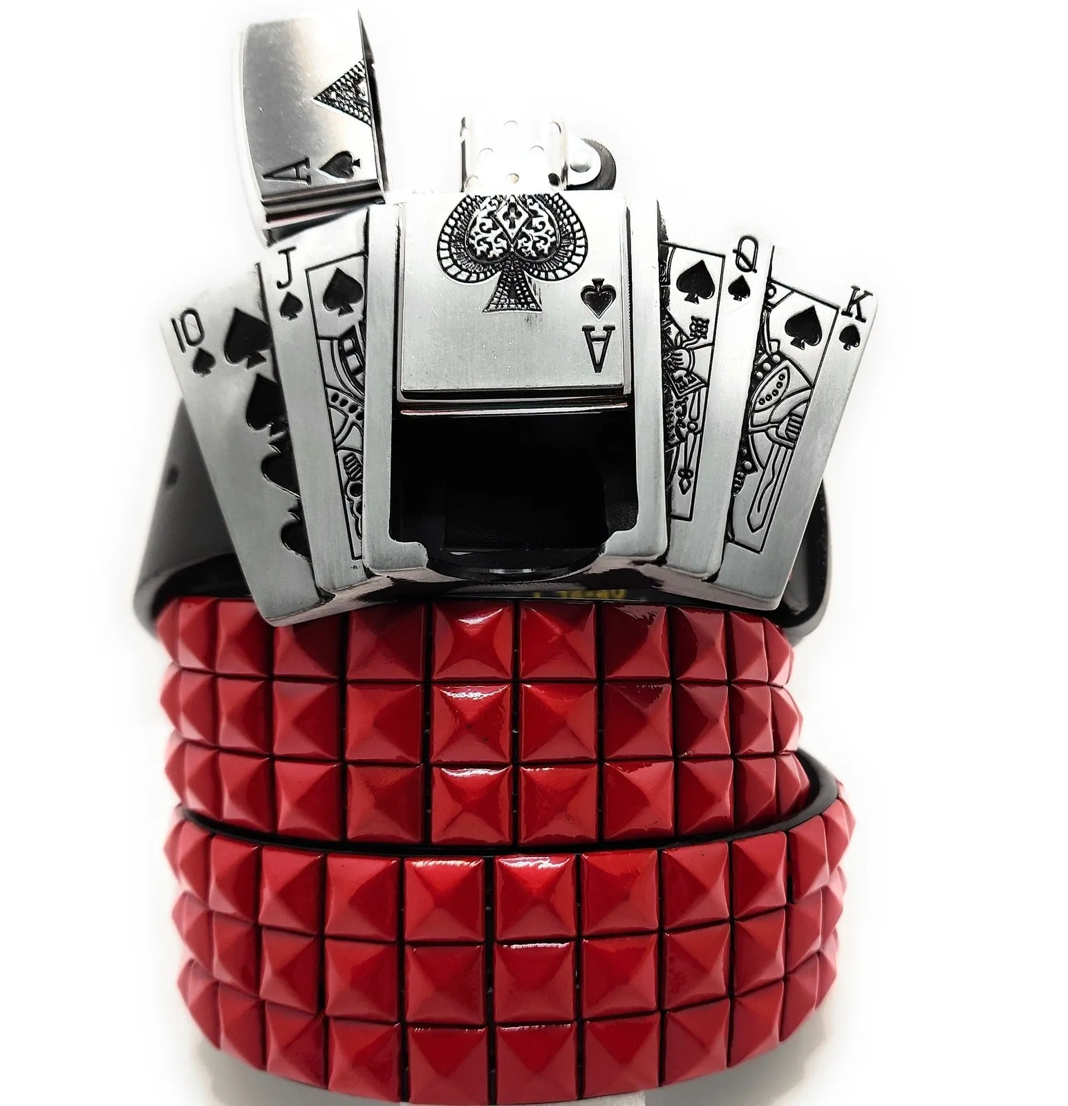 Royal Flush Lighter Belt Buckle and Black Pyramid Studded Leather Belt