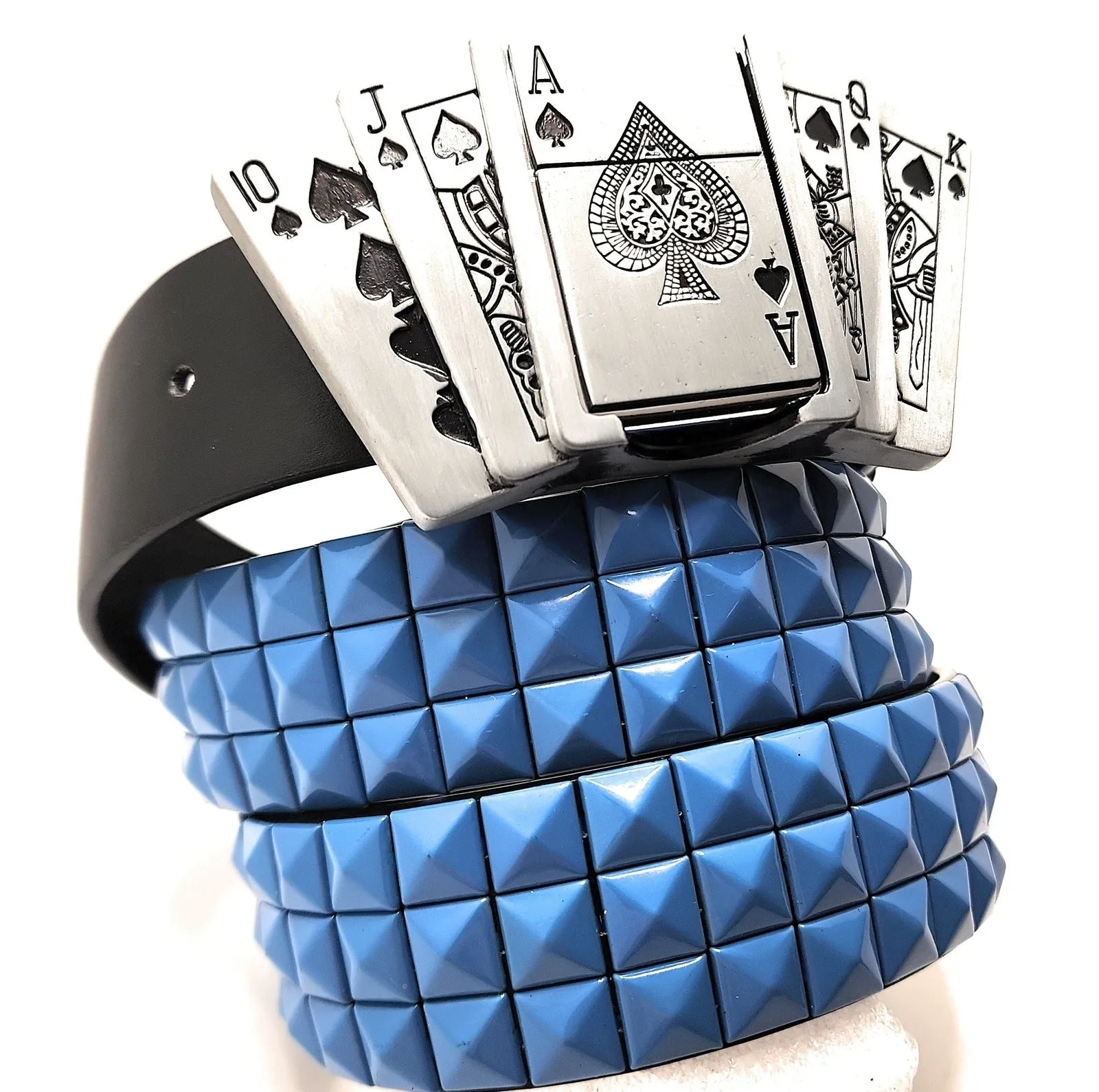 Royal Flush Lighter Belt Buckle and Black Pyramid Studded Leather Belt