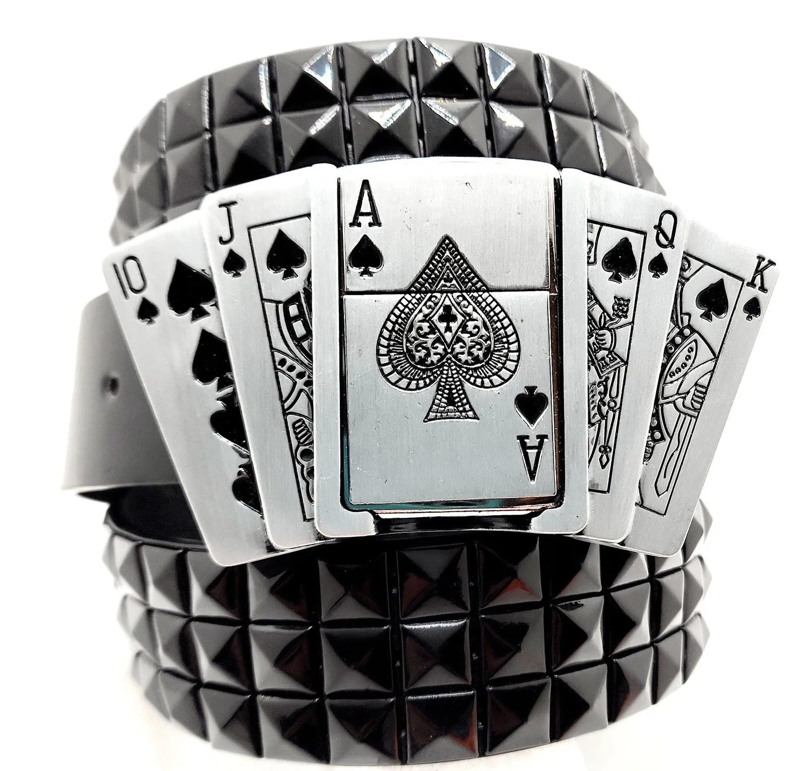 Royal Flush Lighter Belt Buckle and Black Pyramid Studded Leather Belt