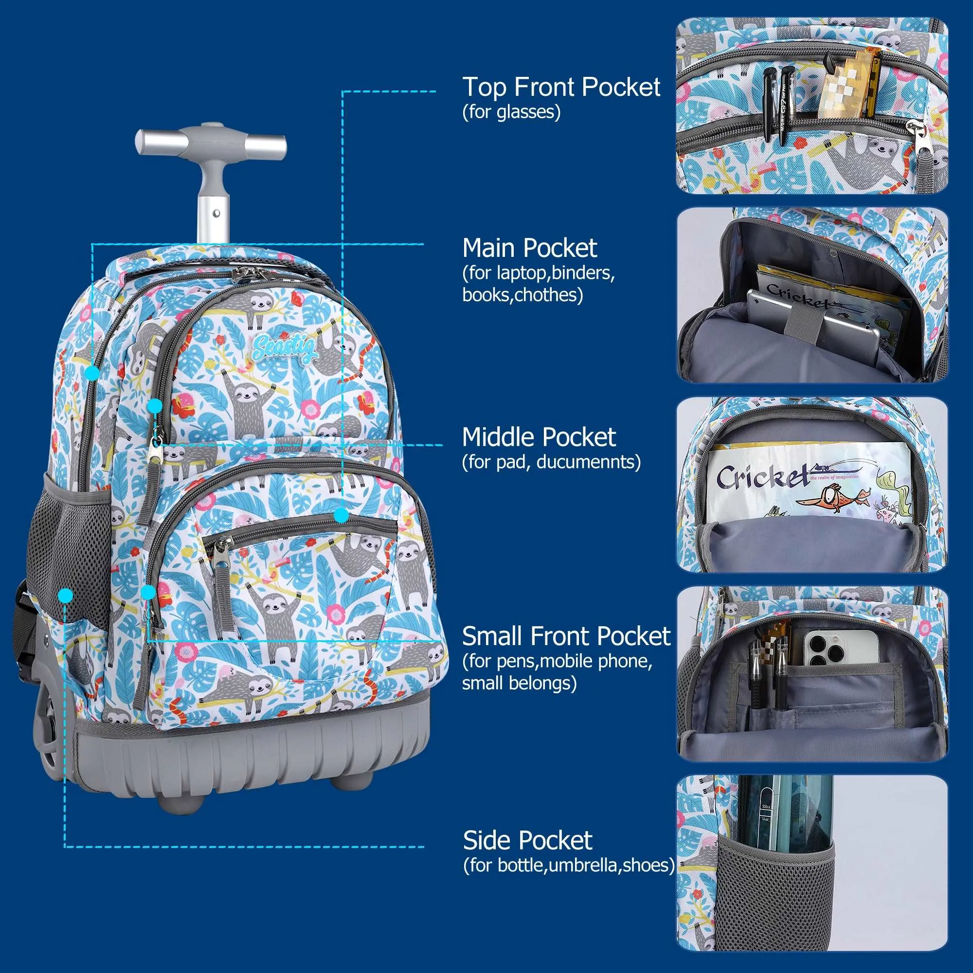 seastig 16 inch Blue Sloth Rolling Backpack for Kids