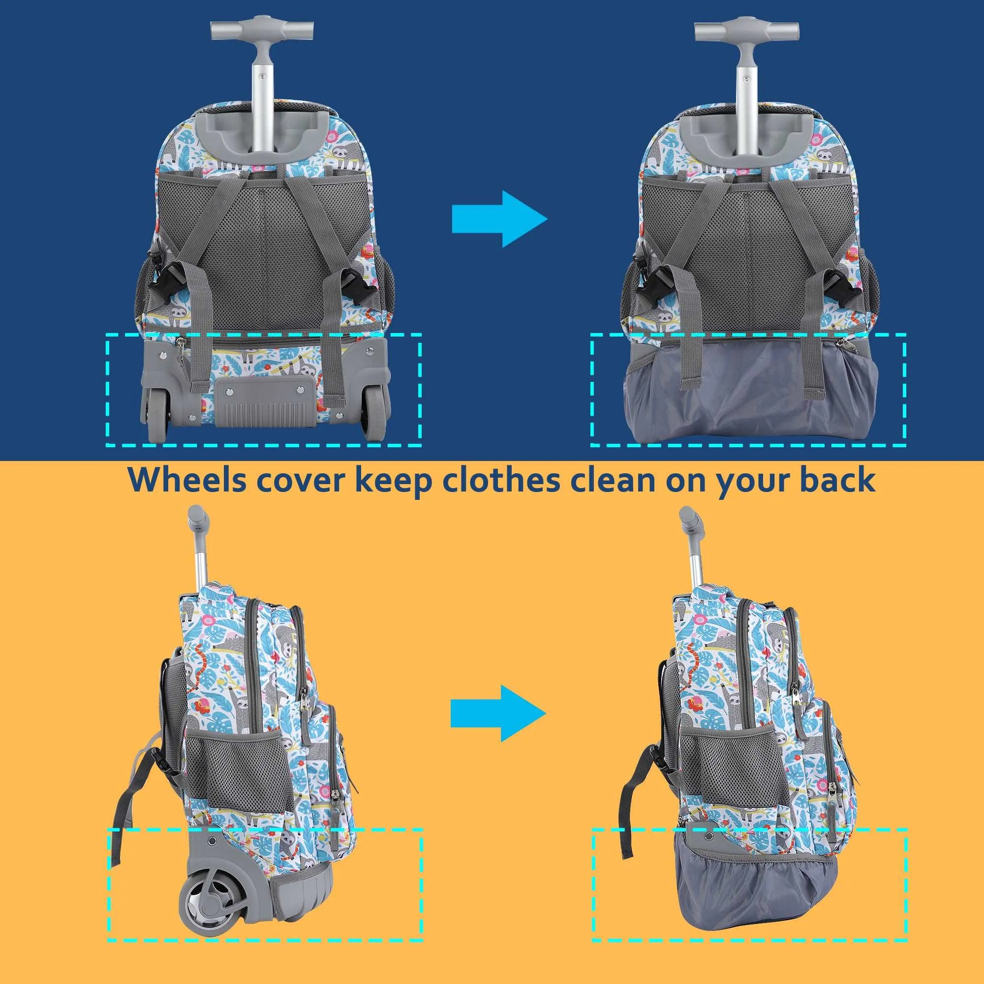 seastig 16 inch Blue Sloth Rolling Backpack for Kids
