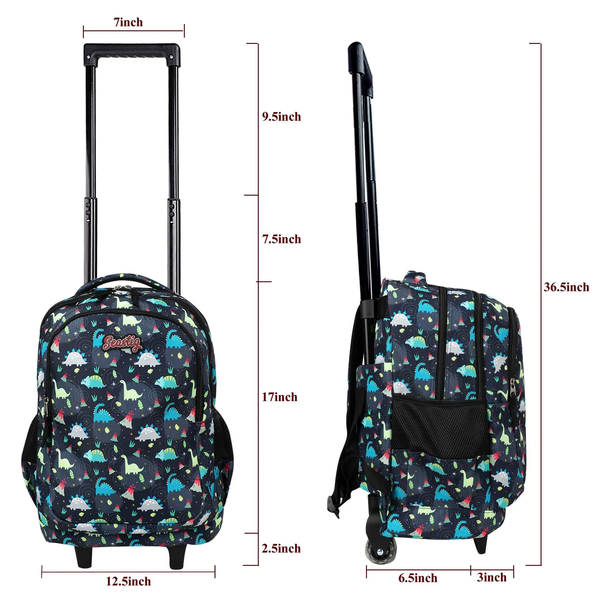 seastig Black Dinosaur Rolling Backpack 18 inch with Lunch Box and Pencil Case Set
