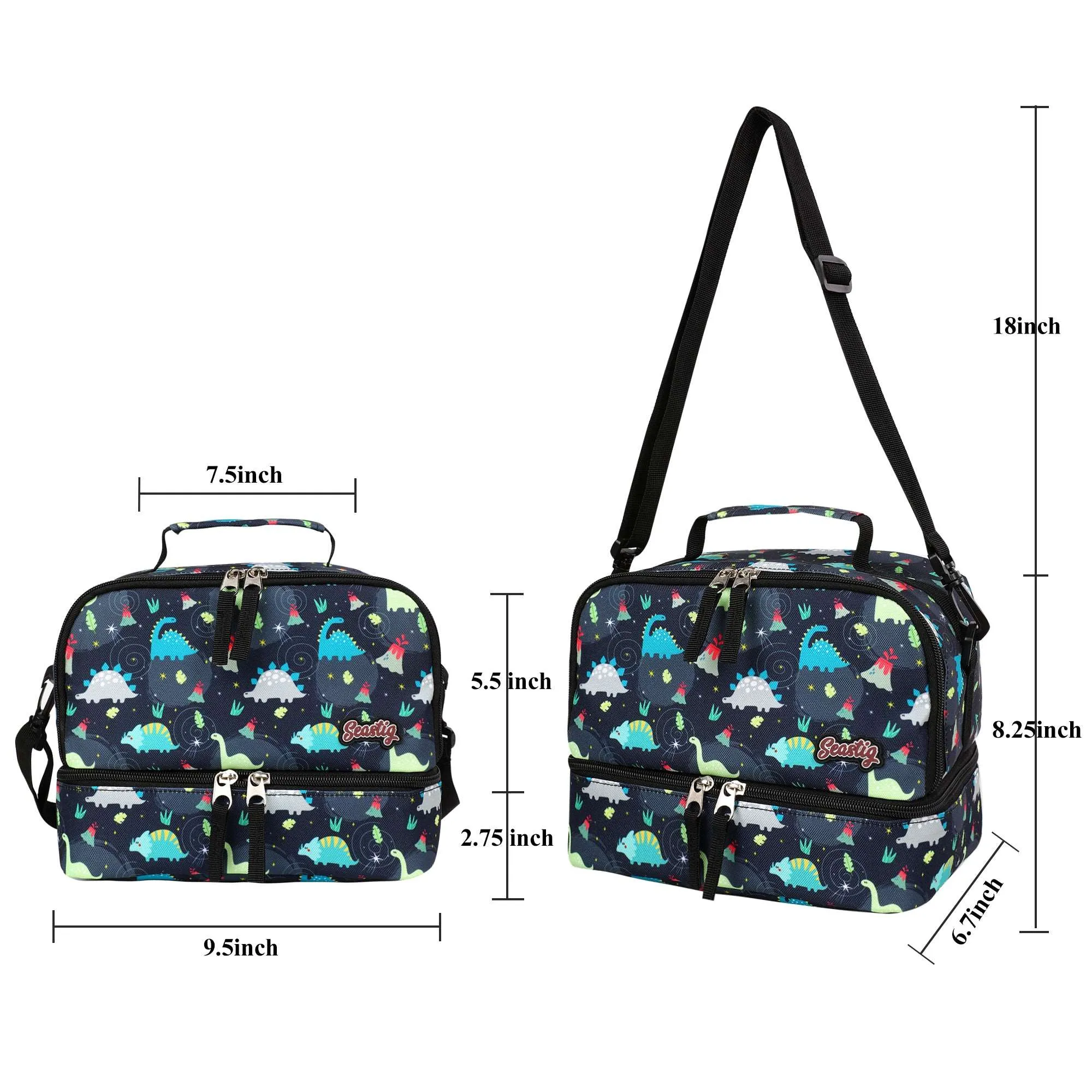 seastig Black Dinosaur Rolling Backpack 18 inch with Lunch Box and Pencil Case Set