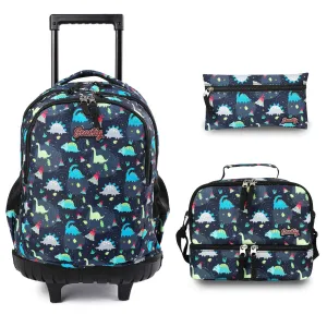 seastig Black Dinosaur Rolling Backpack 18 inch with Lunch Box and Pencil Case Set