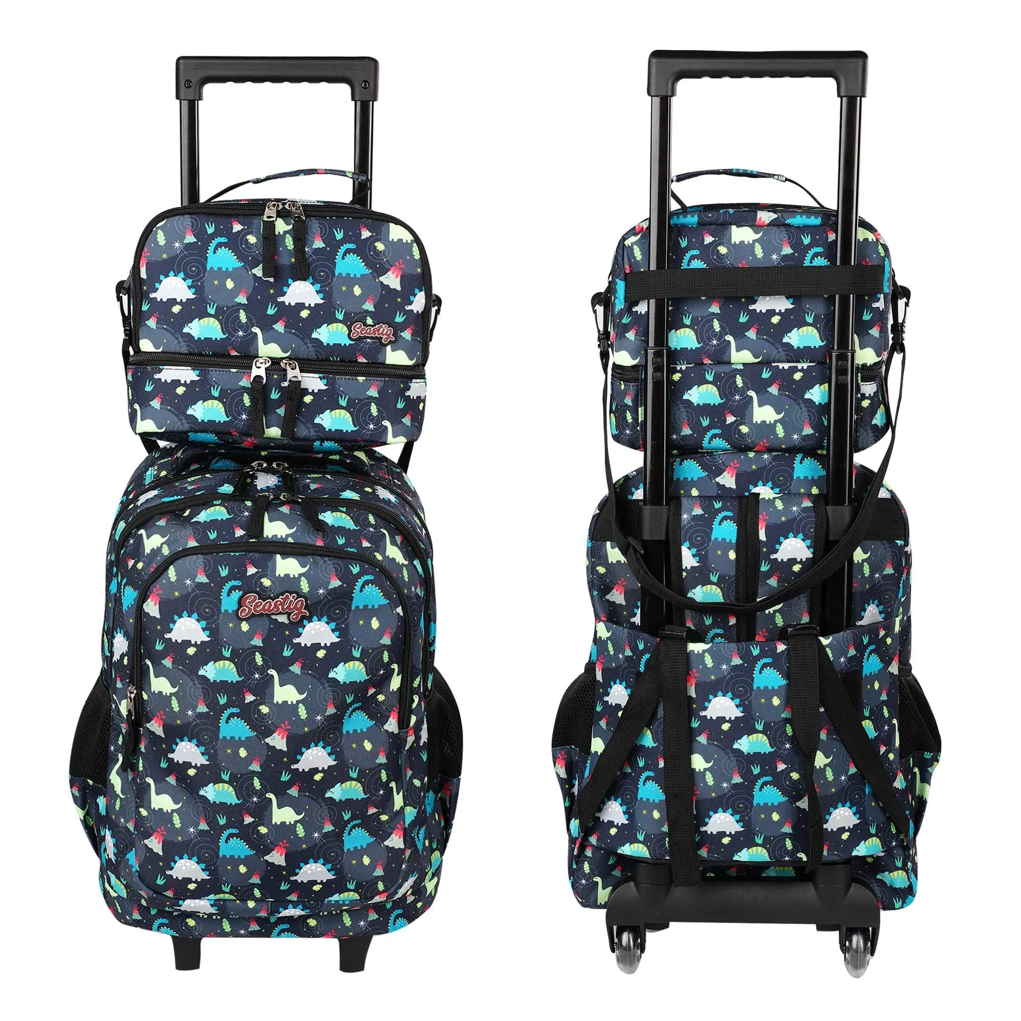 seastig Black Dinosaur Rolling Backpack 18 inch with Lunch Box and Pencil Case Set
