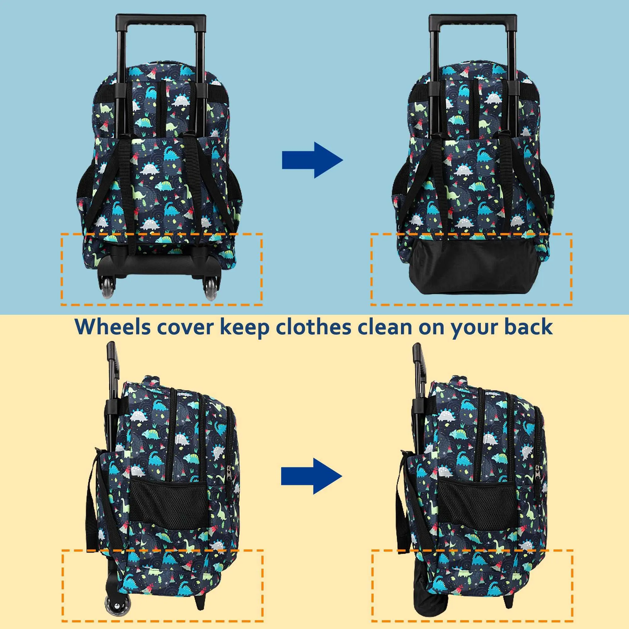seastig Black Dinosaur Rolling Backpack 18 inch with Lunch Box and Pencil Case Set