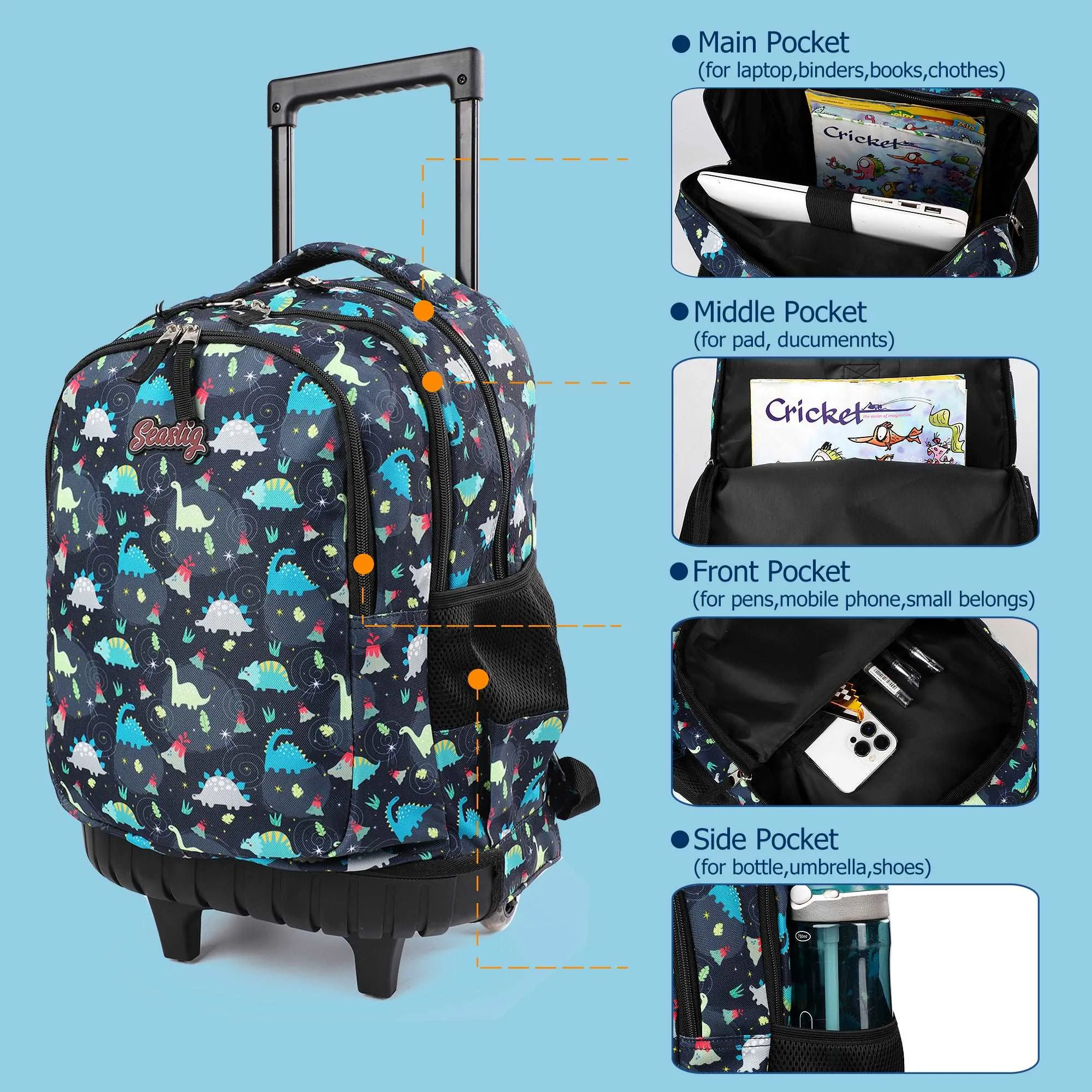 seastig Black Dinosaur Rolling Backpack 18 inch with Lunch Box and Pencil Case Set