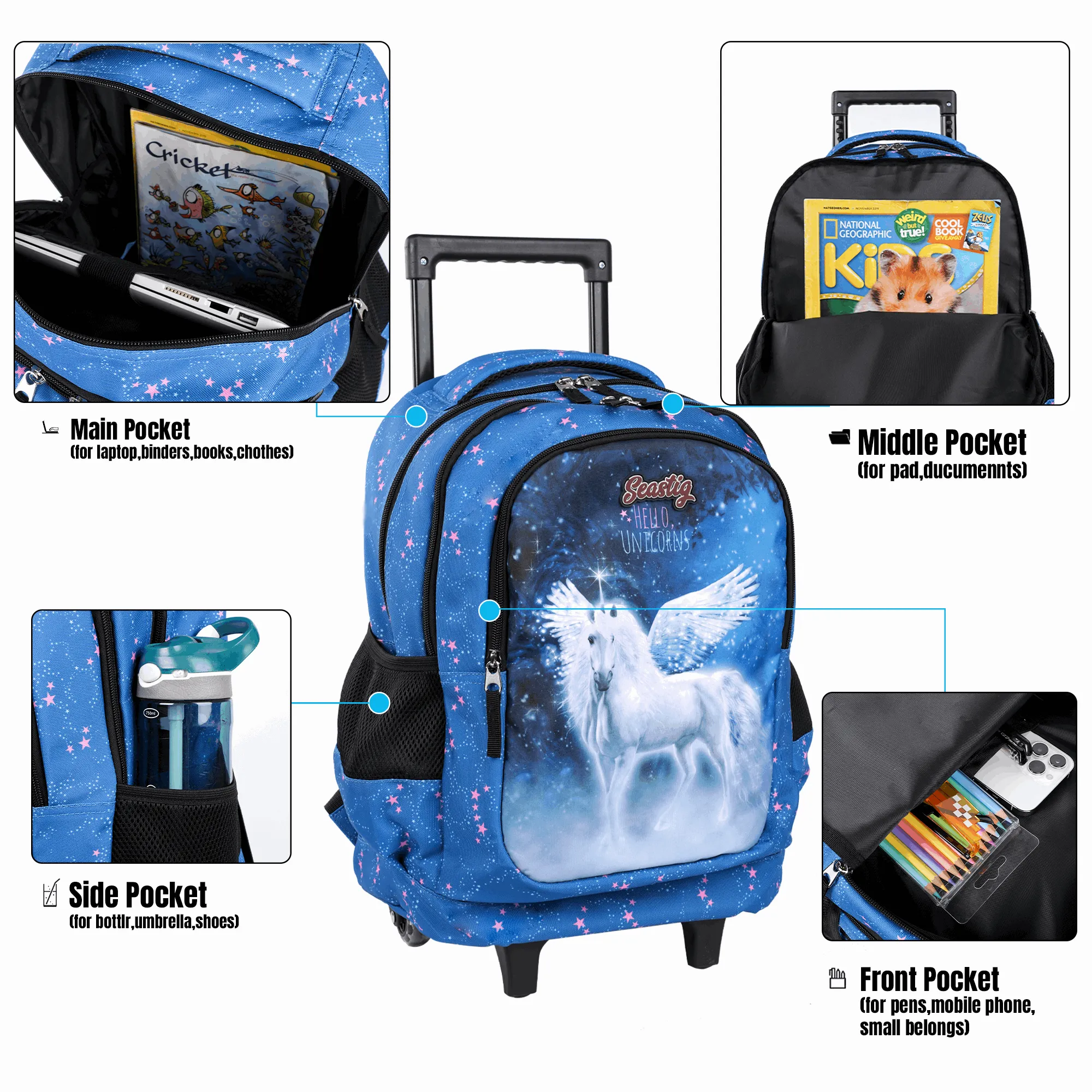 Seastig Blue Horse 18 inch Double Handle Rolling Backpack