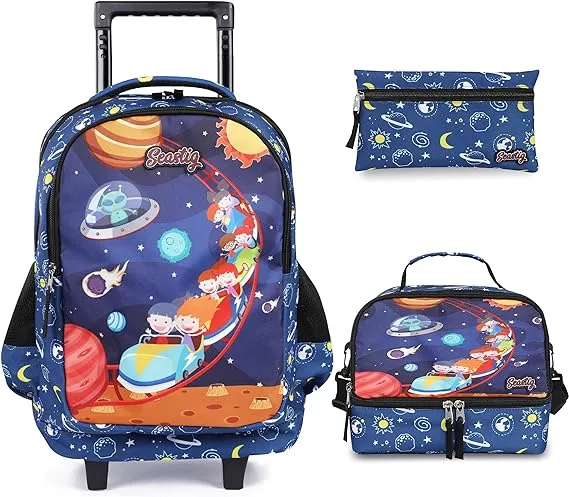 Seastig Space Navyblue Rolling Backpack 18in Double Handle Backpack with Lunch Bag Set
